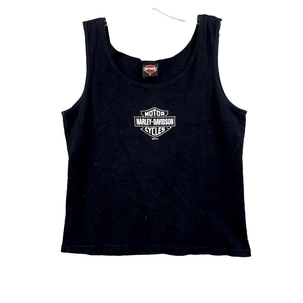 VTG Harley-Davidson Crop Tank Top Womens 2X Black Graphics Print Knit USA Made